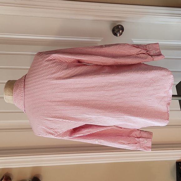 Pink and White Striped Button-up Blouse with Front Pockets - Picture 2 of 5